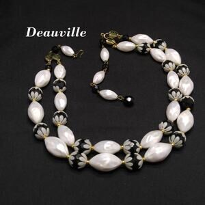 Vintage Deauville Black White Beaded Necklace, Two Strands, 1950s, 18 Inches
